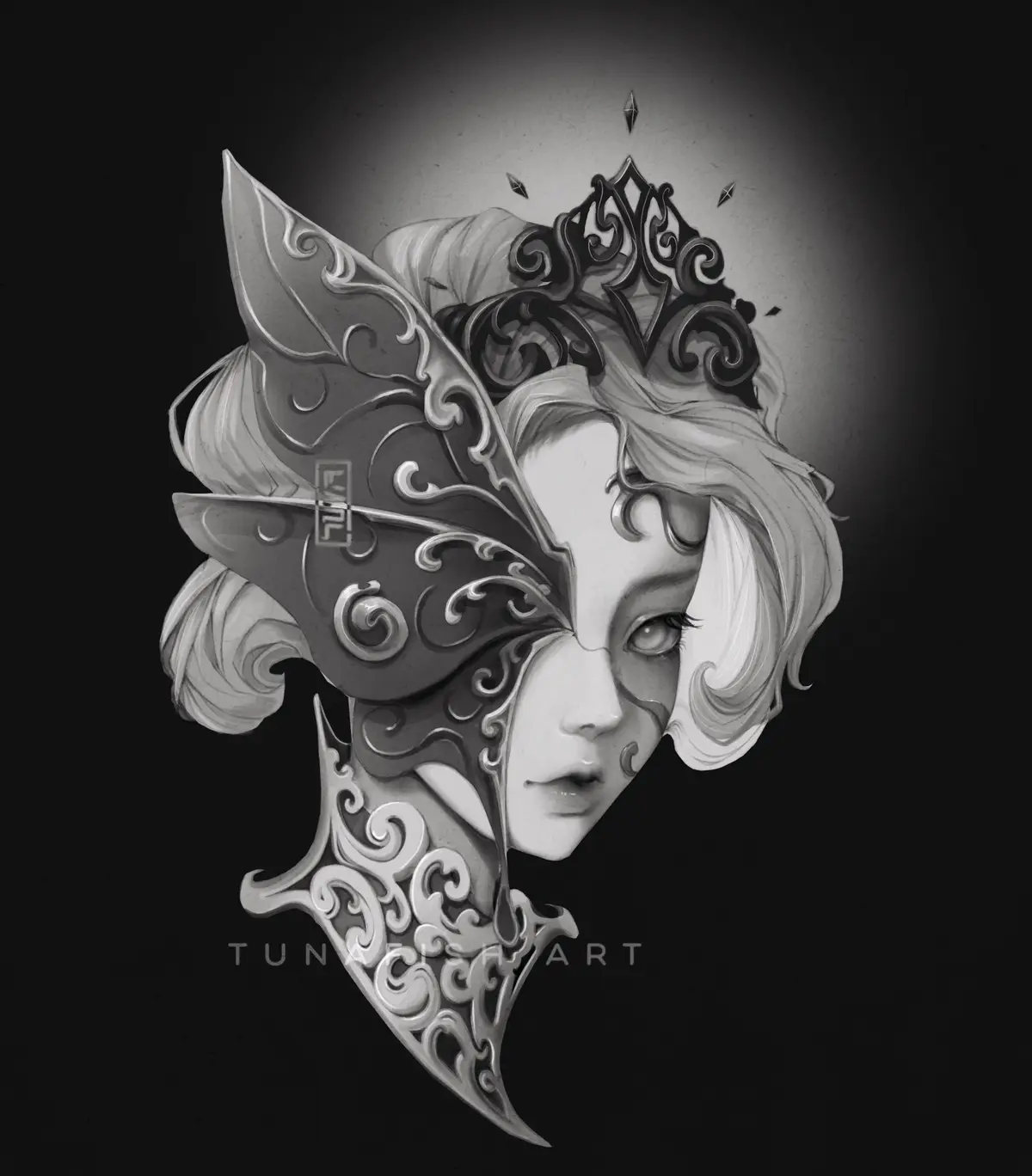 A black and white digital artwork of a woman's face partially obscured by an ornate, swirling mask that covers her left eye…
