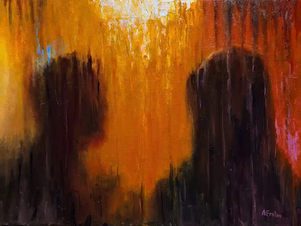 An abstract painting with thick, vertical brushstrokes of orange, red, and dark brown, resembling a fiery sunset or lava…