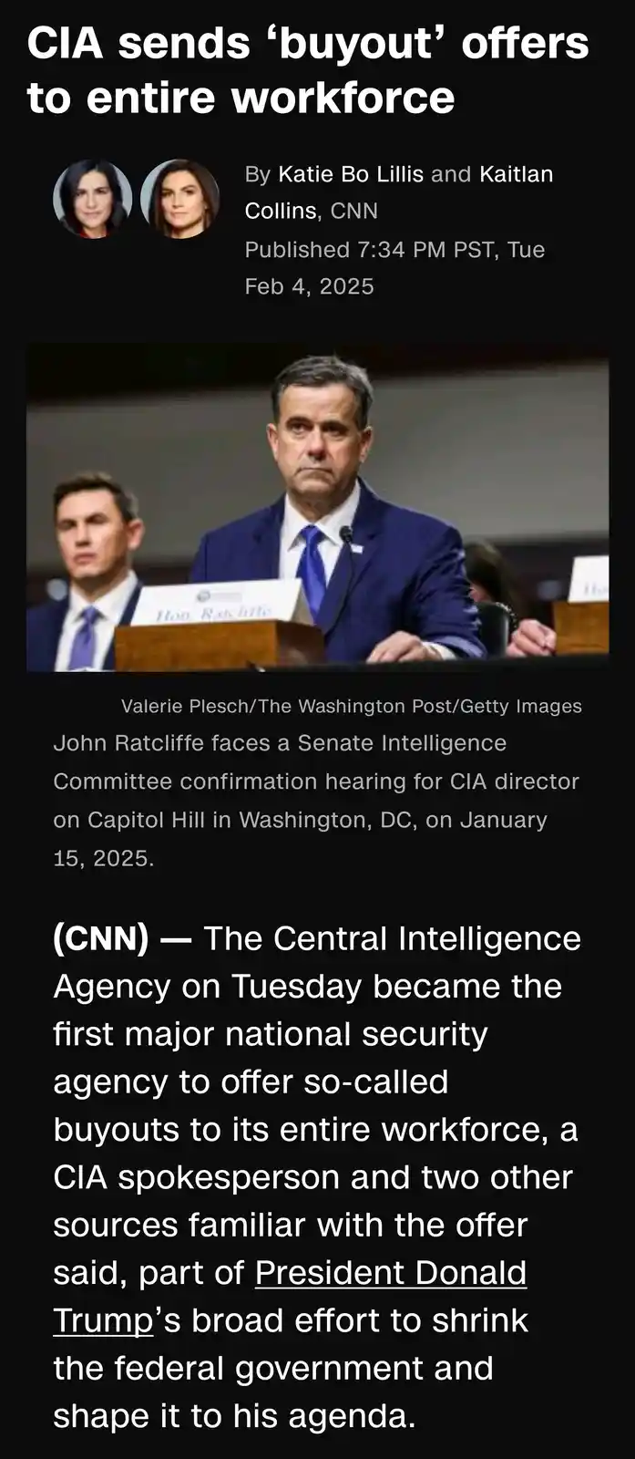 The image displays a screenshot of a CNN news article from February 4, 2025, featuring a photo of John Ratcliffe at a Senate…