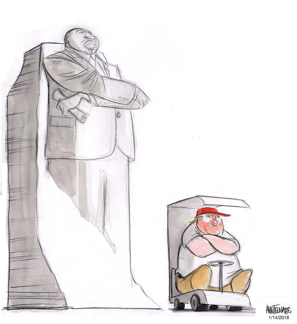 A cartoon depicts a towering, stern-looking Black man in a suit standing beside a much smaller, angry-looking white man in a…