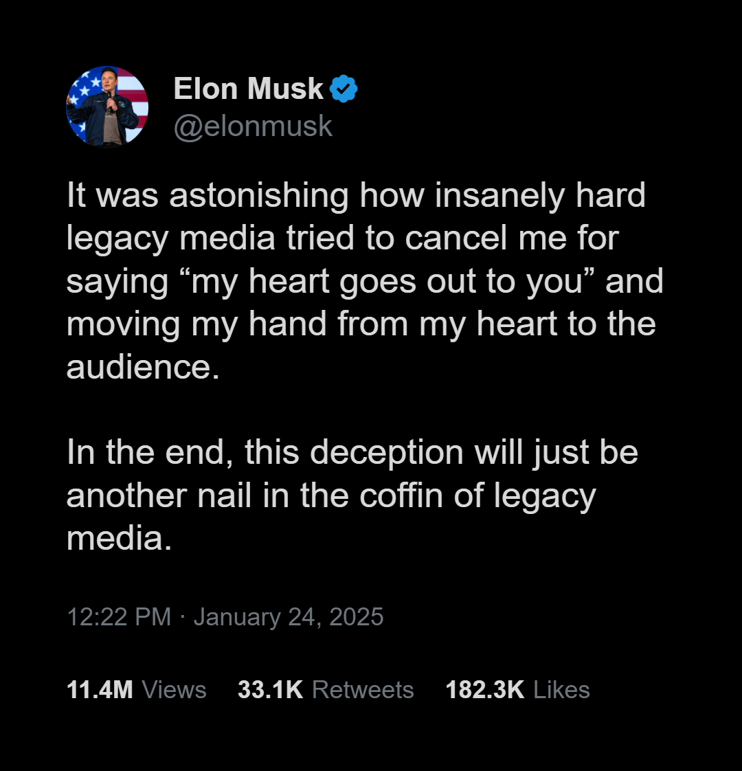 A screenshot of a fictional tweet attributed to Elon Musk, showing his profile picture and a tweet claiming legacy media…