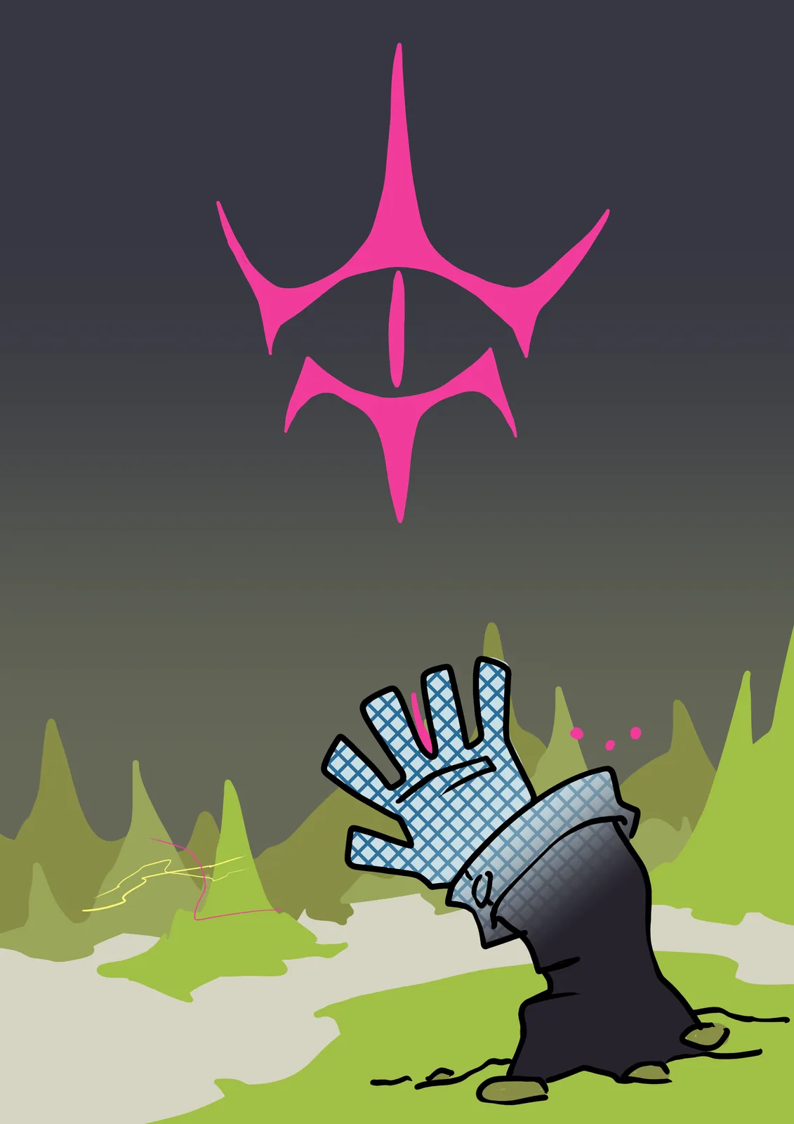 A cartoonish, checkered-gloved hand emerges from the ground, reaching upward with a pleading expression, while a large…