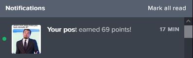 A screenshot of a notification panel showing a post earning 69 points, with a small profile picture of a man in a suit. The…