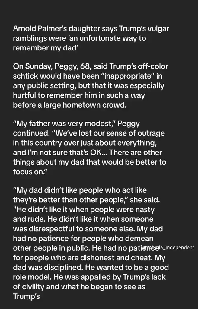 The image displays a screenshot of a news article with white text on a black background. The article quotes Peggy Palmer…