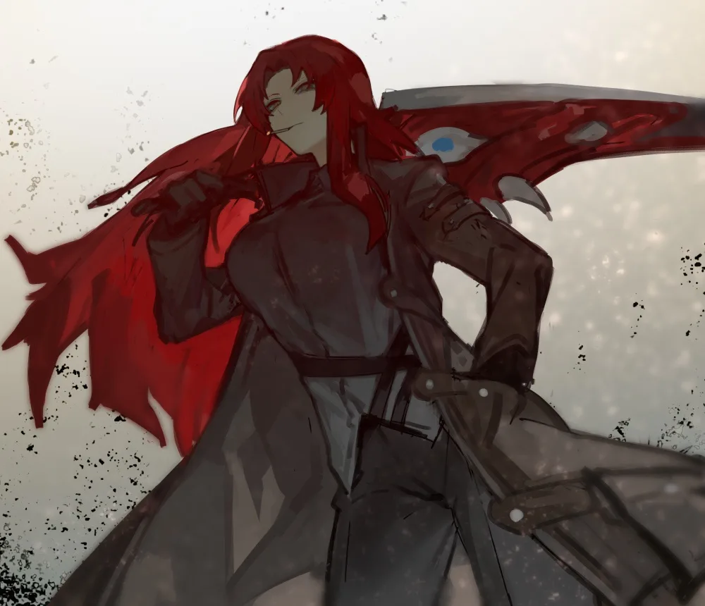 An anime-style illustration of a red-haired male character in dark clothing and a flowing red cape, holding a sword with a…