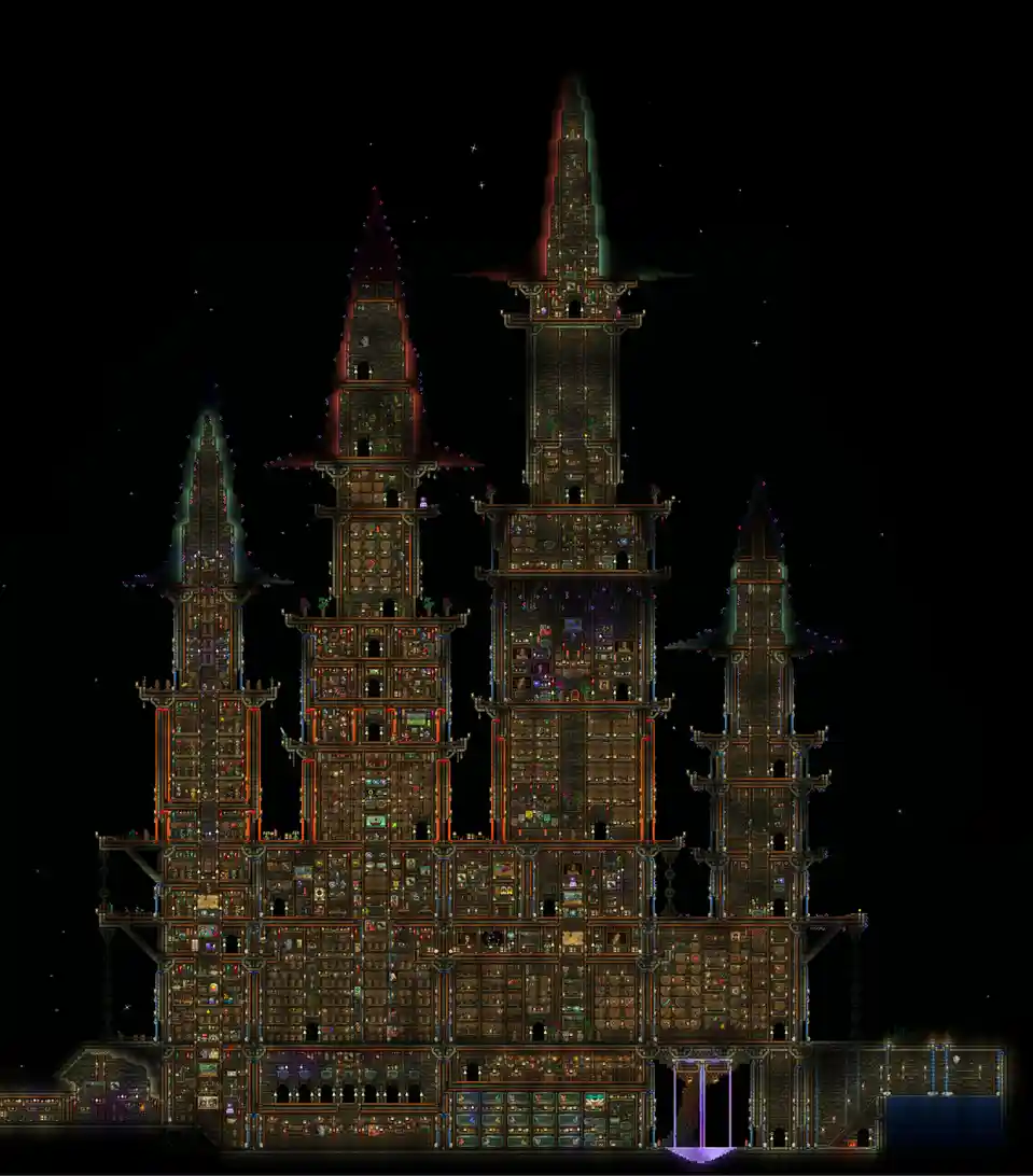 A sprawling, multi-tiered castle built in the pixelated style of the game Terraria, illuminated at night with glowing…