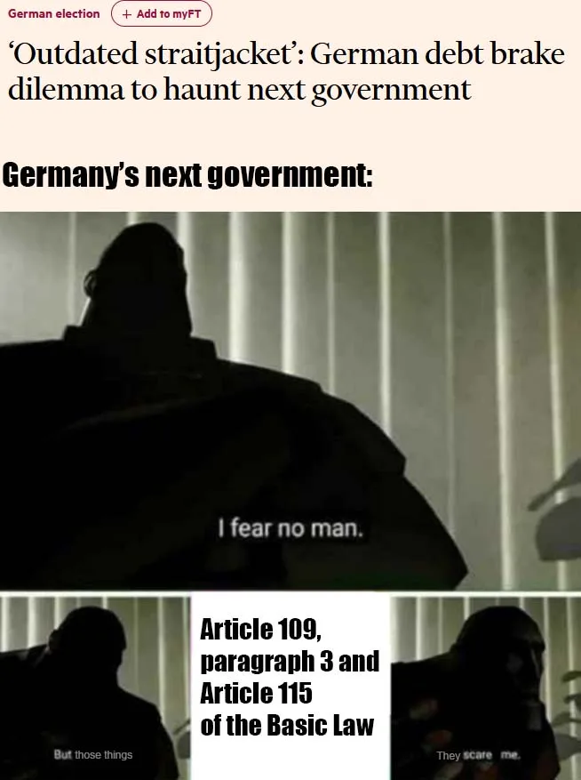 A screenshot of a news article about Germany's debt brake dilemma is overlaid with a three-panel meme. The top panel shows a…