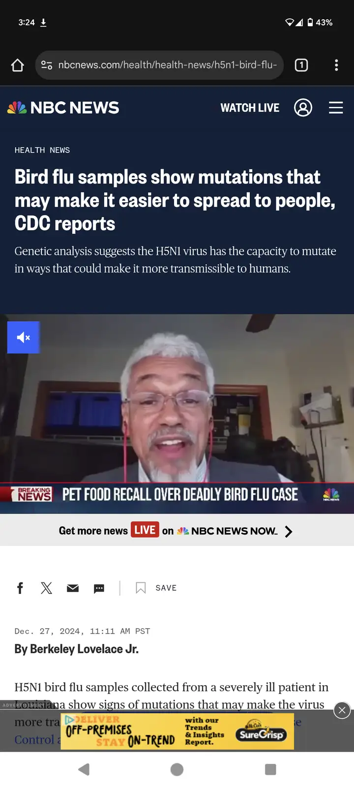 A screenshot of an NBC News article about H5N1 bird flu mutations, featuring a man on a video call. The article headline…
