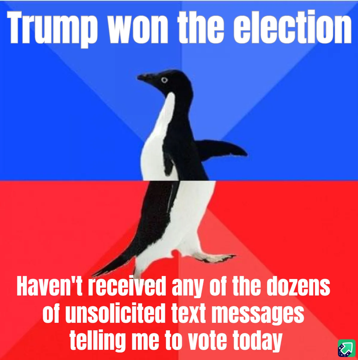 A penguin stands centered against a blue and red background, with white text at the top reading 'Trump won the election' and…