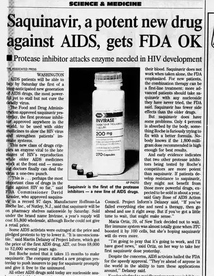 A newspaper clipping from 'Science & Medicine' shows a bottle of 'Invirase' (saquinavir mesylate) capsules, 200mg, 270…