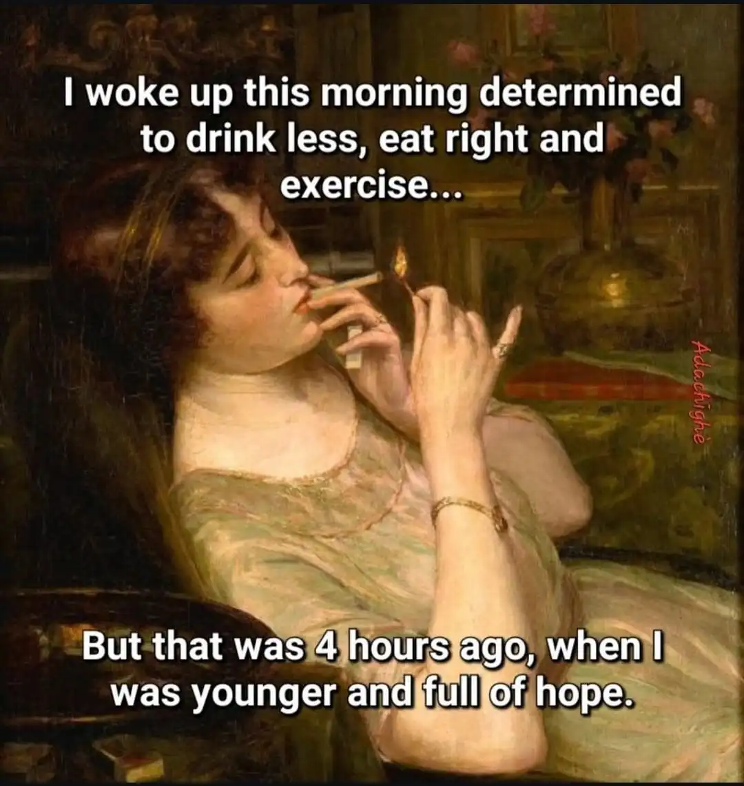 A vintage painting shows a woman in a light-colored dress reclining while lighting a cigarette. White text overlaid on the…