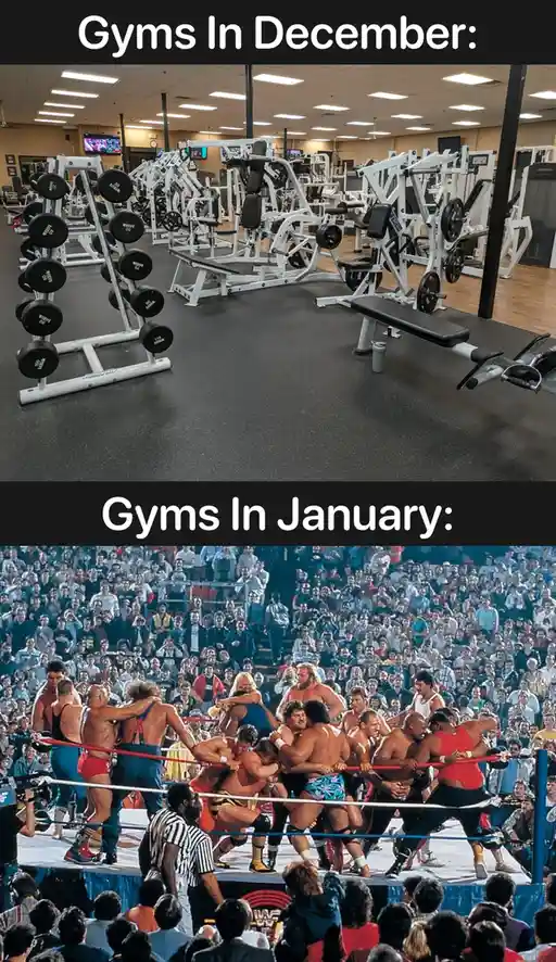 The image is split into two panels. The top panel shows an empty gym with rows of unused weight machines and dumbbells…