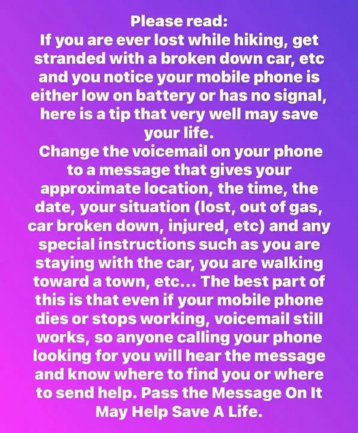 A purple gradient background displays white text offering a survival tip: if stranded with no phone signal or low battery…