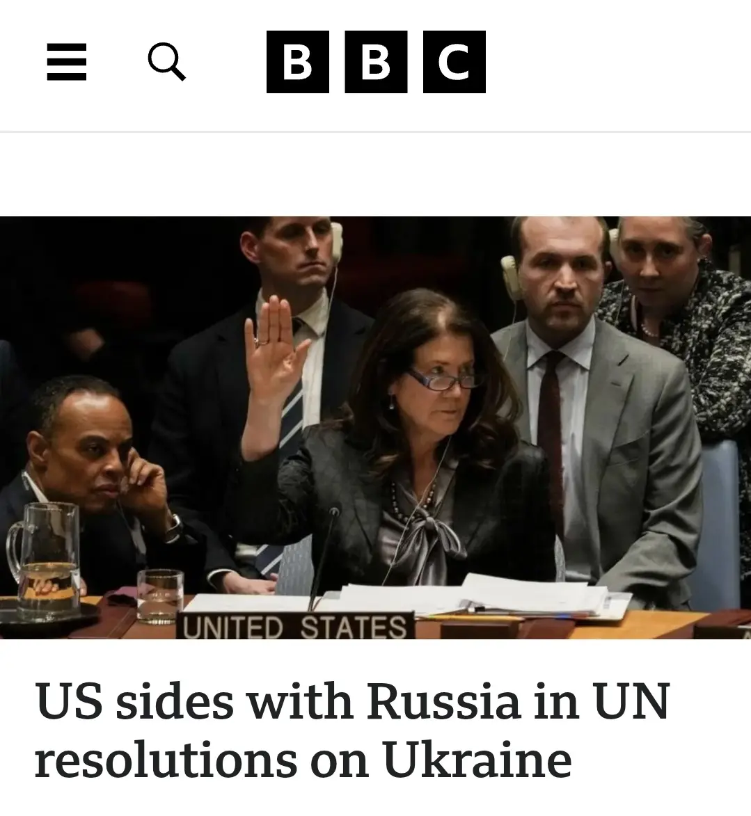 A screenshot of a BBC news article header showing a woman at a UN Security Council table with a 'UNITED STATES' placard…