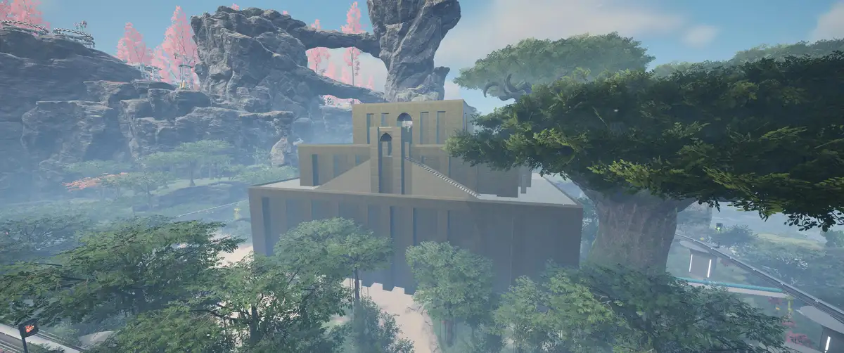 A screenshot from a video game shows a modern, blocky stone church nestled in a lush, misty forest with giant trees and…