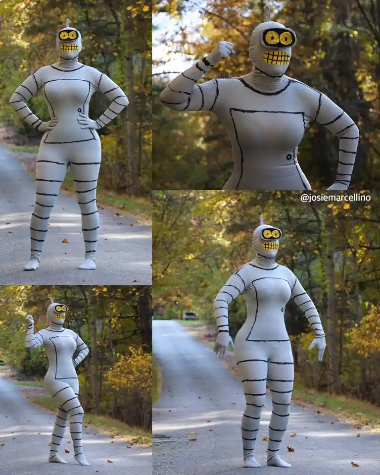 A person in a full-body white bodysuit with black line art resembling a cartoon robot costume poses in four different photos…