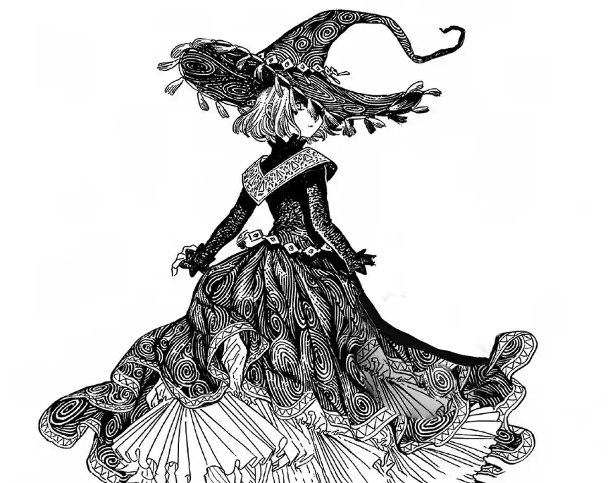 A black-and-white line art illustration of a stylized witch with a large, ornate hat and a flowing, patterned dress. The…