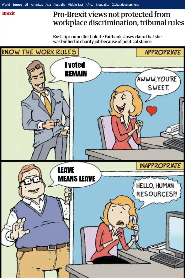 A two-panel comic shows a man declaring 'I voted REMAIN' to a smiling woman at her desk, labeled 'APPROPRIATE'. In the…