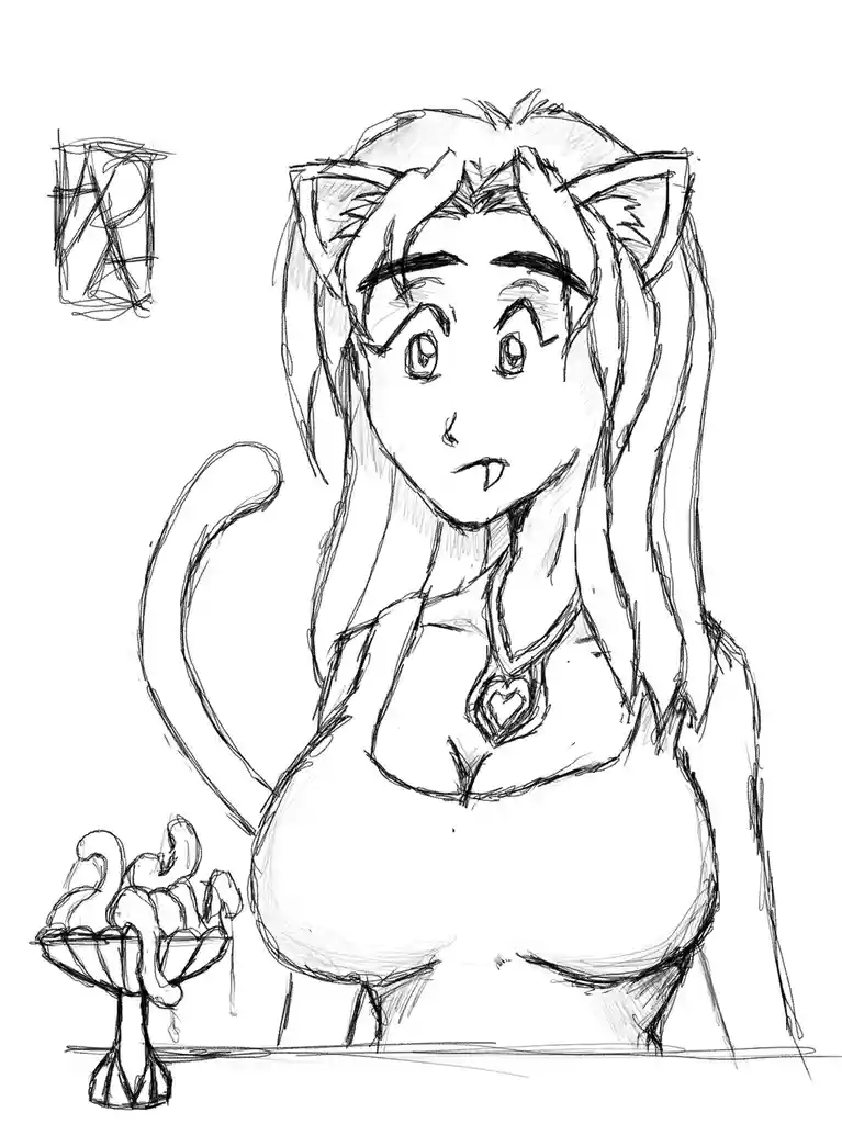 A black-and-white sketch shows an anime-style female character with cat ears, a tail, and a heart-shaped pendant, looking…