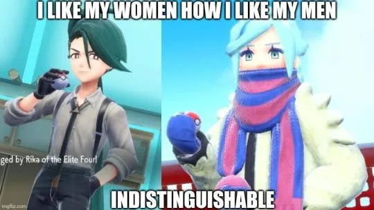 The image is a split-screen meme featuring two female Pokémon characters. On the left, a character with dark hair and a grey…