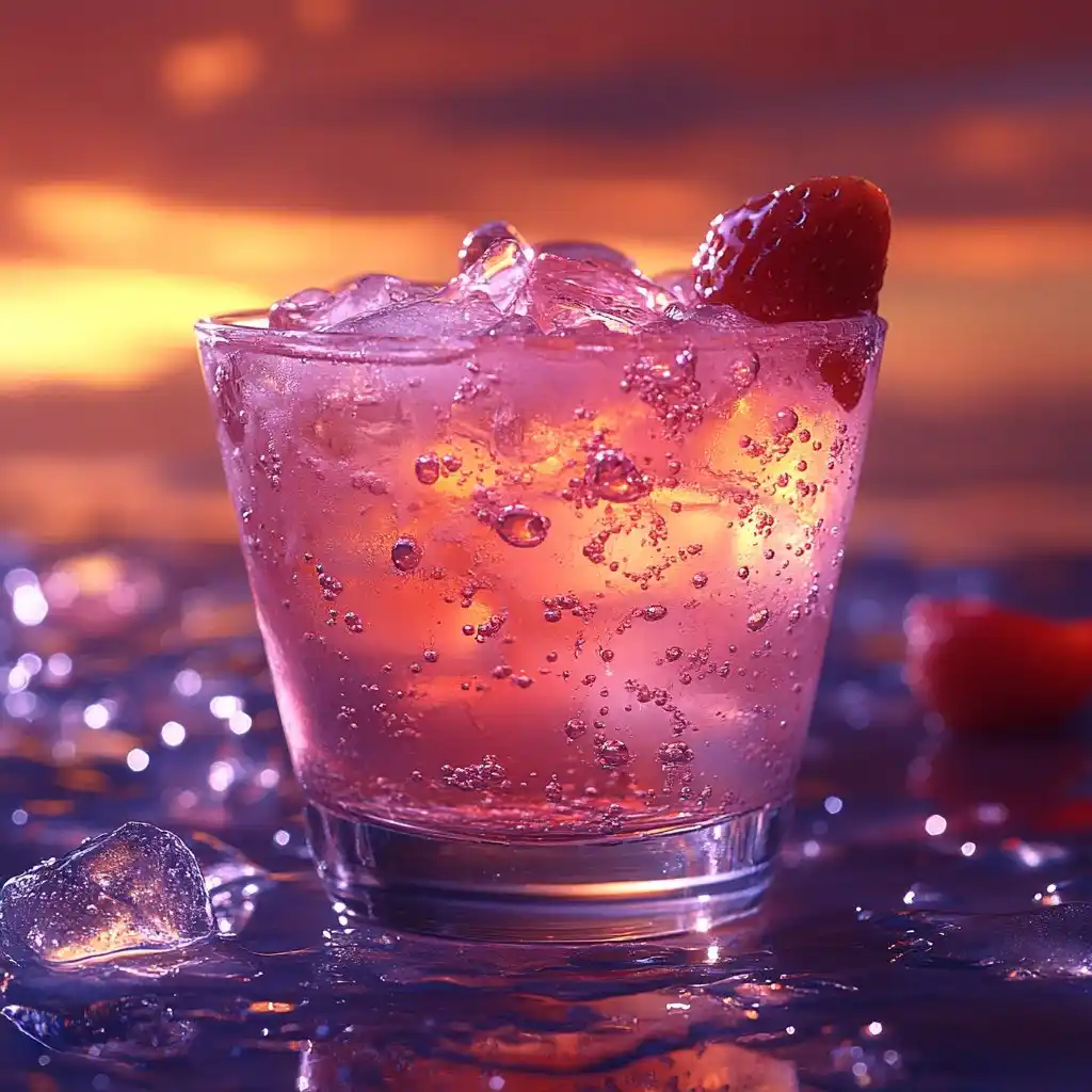 A close-up of a pink cocktail in a rocks glass, filled with ice cubes and bubbles, garnished with a strawberry, set against…