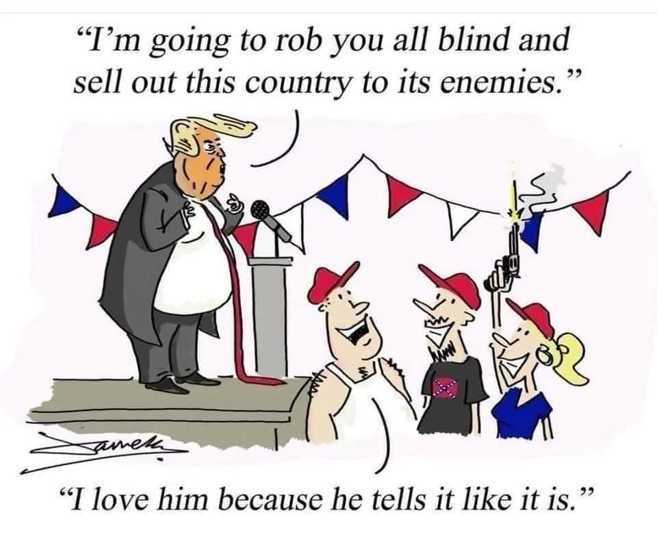 A cartoon depicts a caricature of Donald Trump speaking at a podium with red, white, and blue bunting behind him. Below him…