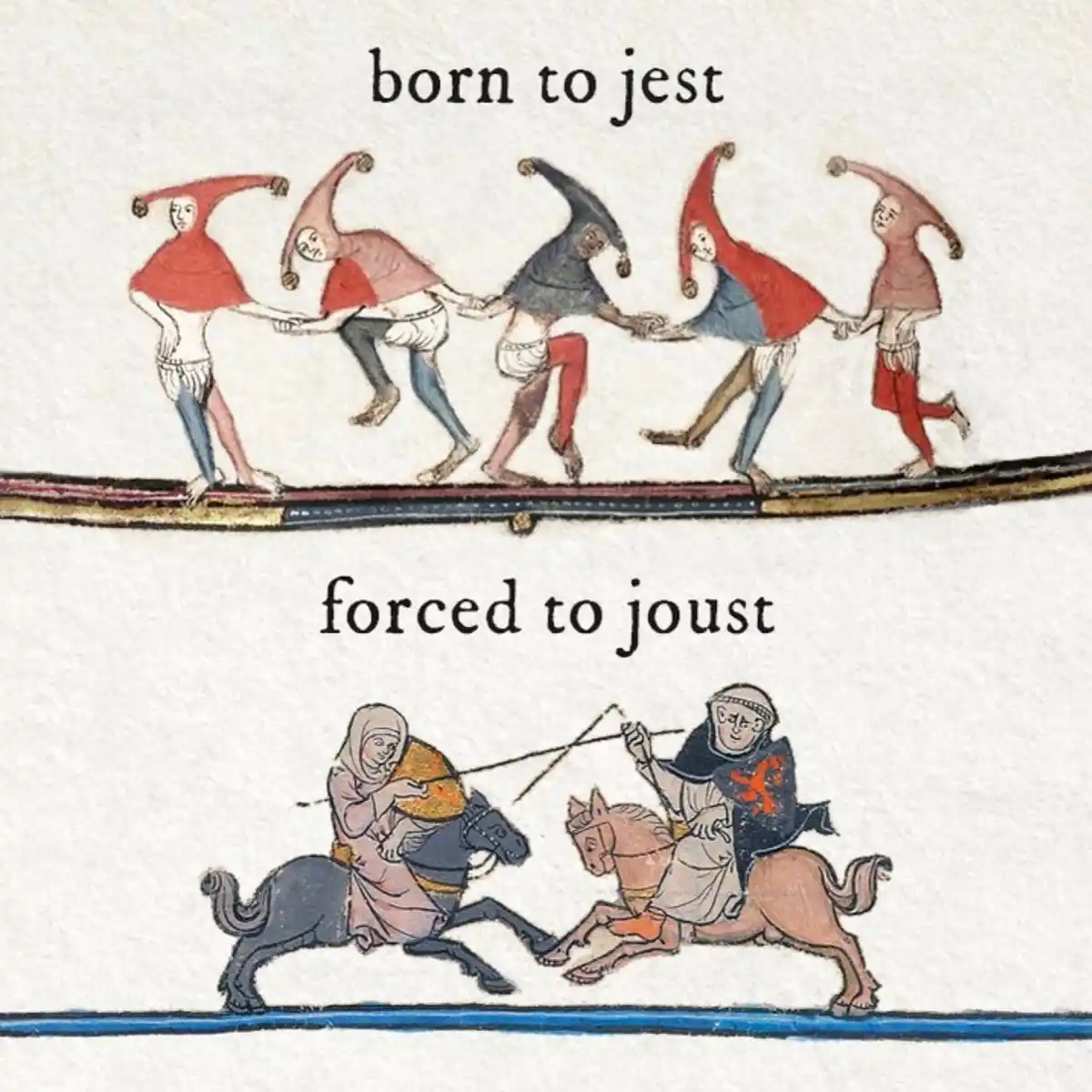 The image is split into two horizontal panels. The top panel shows five medieval jesters in colorful, pointed hats dancing…
