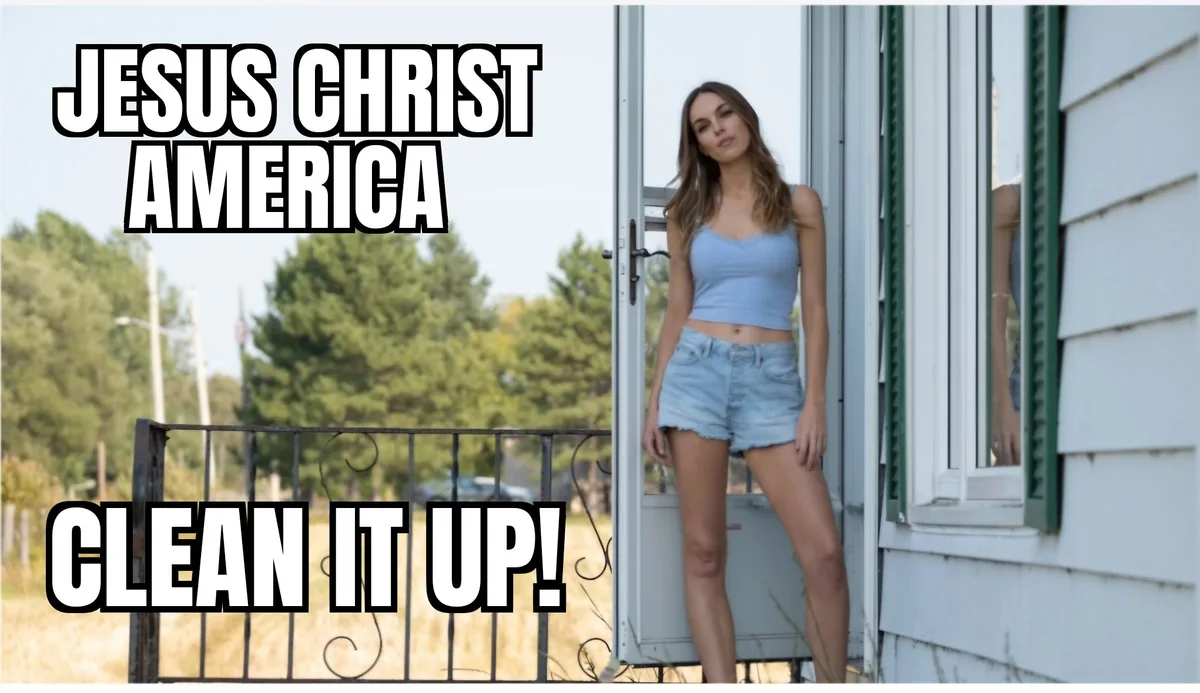 A woman in a light blue crop top and denim shorts leans casually against a white house door with green shutters. Large bold…