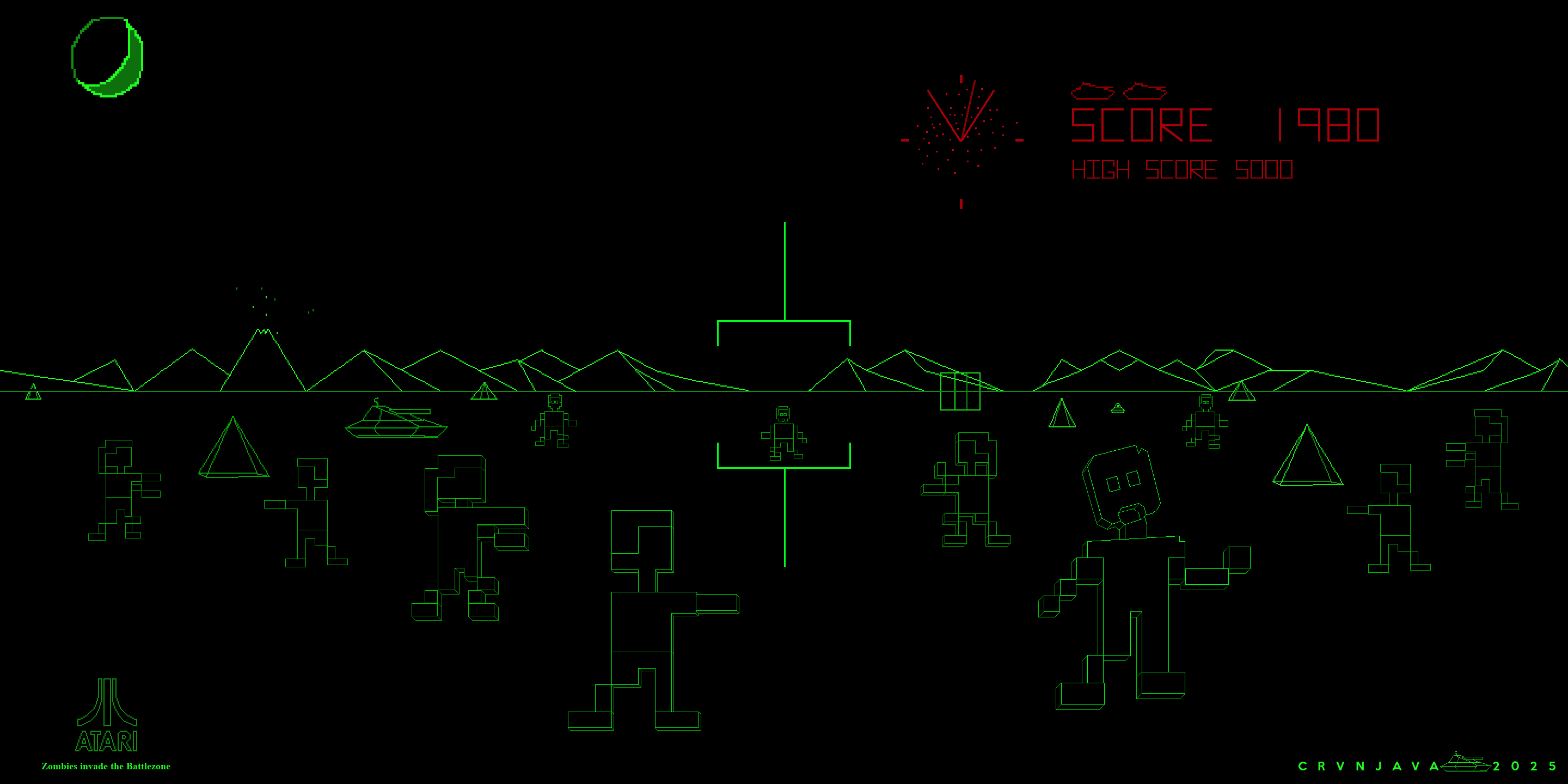 A pixelated Atari game screen shows green outlines of soldiers, tanks, and zombies on a black background, with red text…