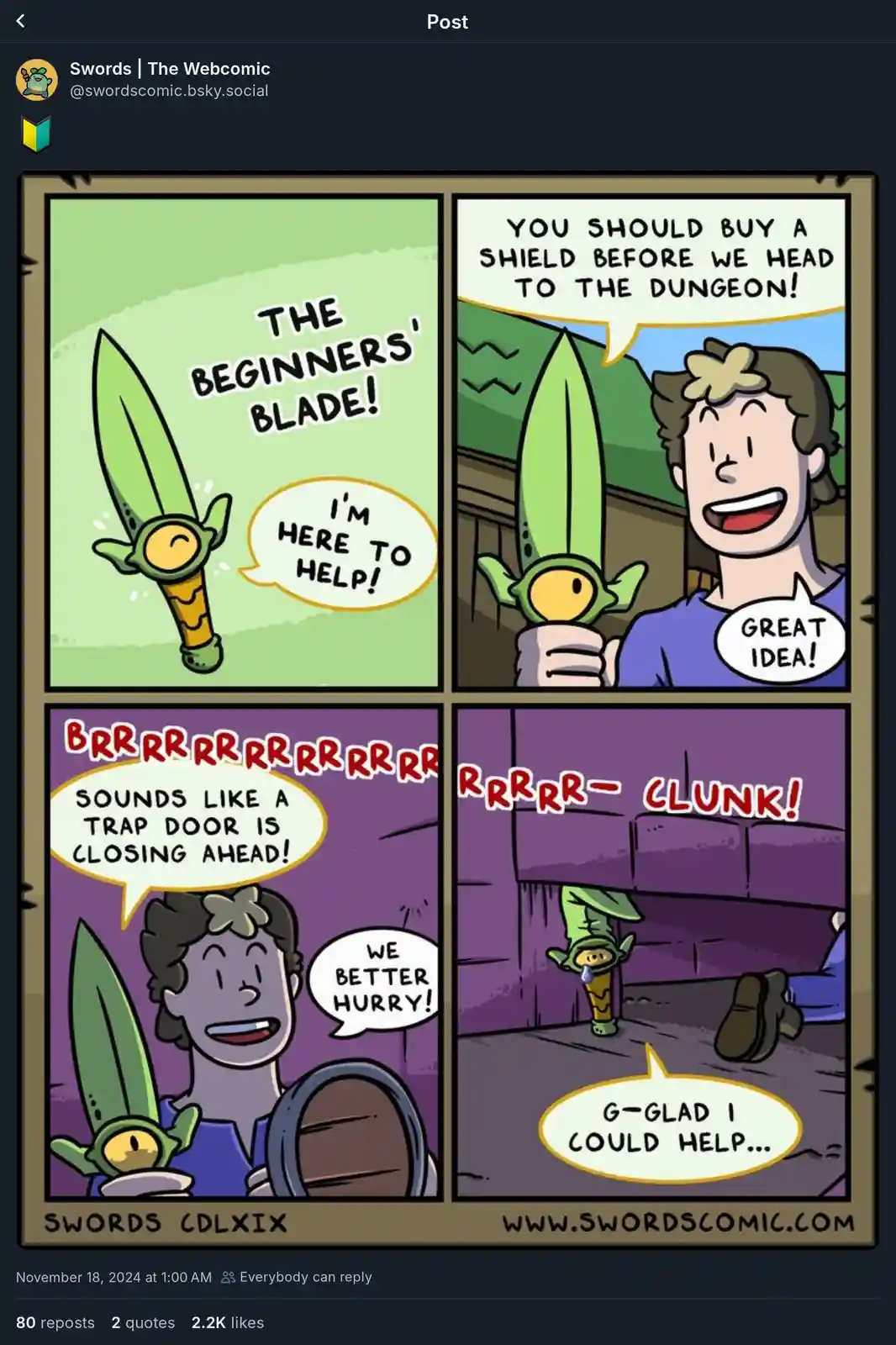 A four-panel comic strip shows a cheerful, sentient green sword named 'The Beginners' Blade' offering help to a human…