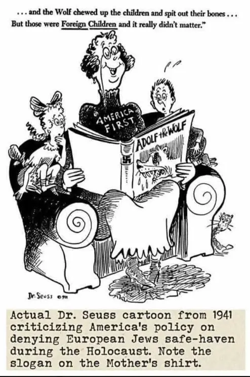A black-and-white Dr. Seuss cartoon from 1941 shows a woman in a chair reading a newspaper titled 'Adolf the Wolf' while…