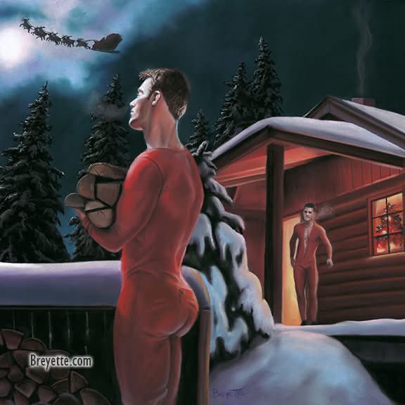 A man in red pajamas stands outside a snowy cabin holding a log, smoking a cigarette while looking up at Santa's sleigh…