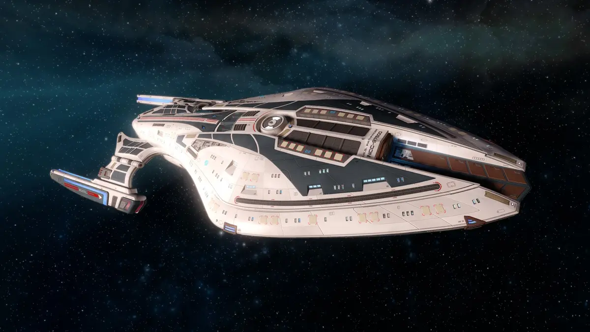 A detailed image of the USS Pathfinder starship, NCC-97600, floating in space against a backdrop of stars and nebulae. The…