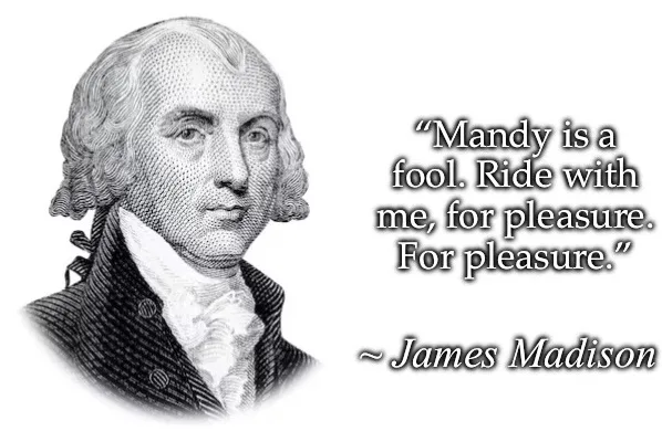 A black-and-white engraved portrait of James Madison, a U.S. president, is shown with overlaid text that misattributes a…