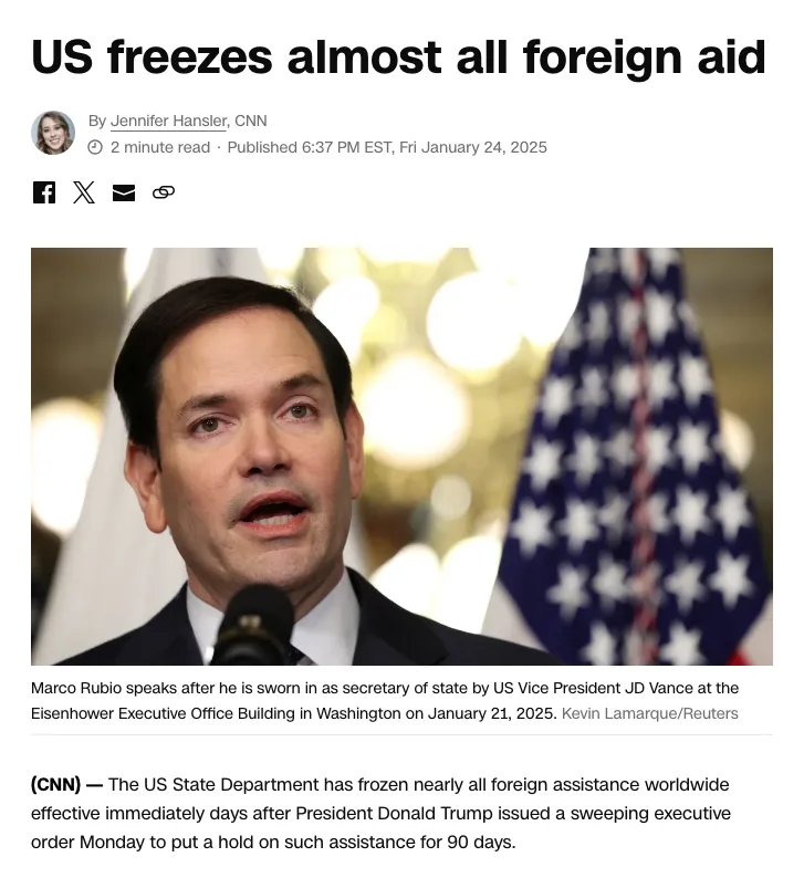 A screenshot of a CNN news article from January 24, 2025, featuring a photo of Marco Rubio speaking at a microphone with an…