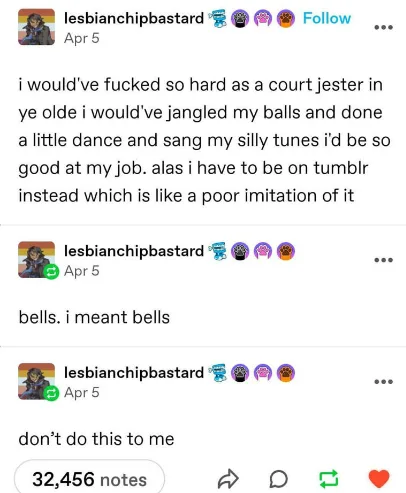 A Tumblr post by user 'lesbianchipbastard' shows a screenshot of their own comment thread. The first comment humorously…