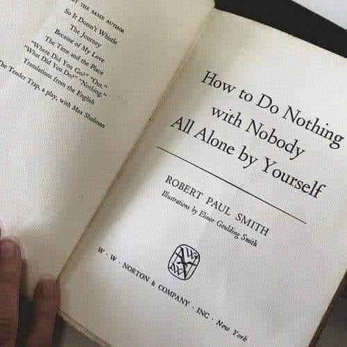 An open book displays a title page that reads 'How to Do Nothing with Nobody All Alone by Yourself' by Robert Paul Smith…