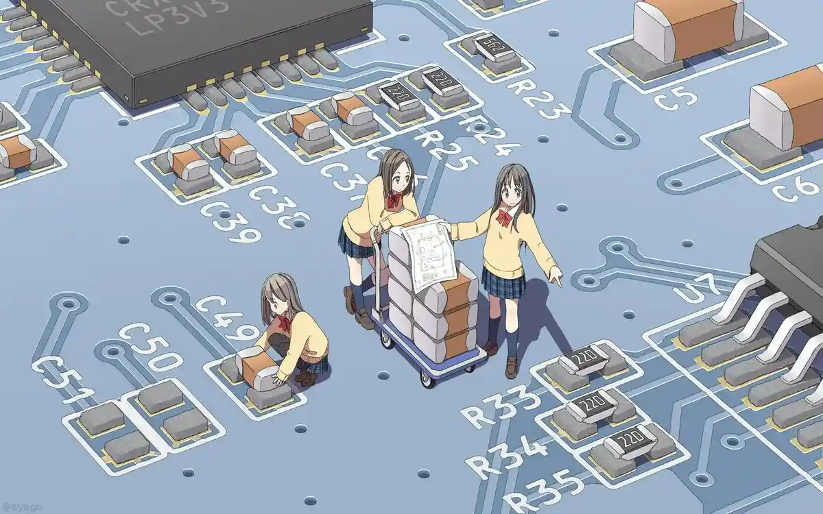 Three anime girls in school uniforms are depicted working on a circuit board, with one pushing a cart loaded with resistors…