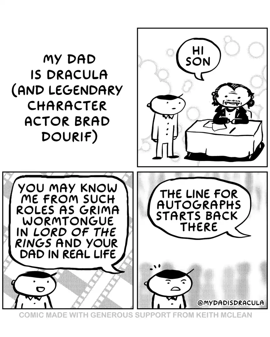 A four-panel comic strip where a son meets his father, who is revealed to be actor Brad Dourif. The father, depicted as a…