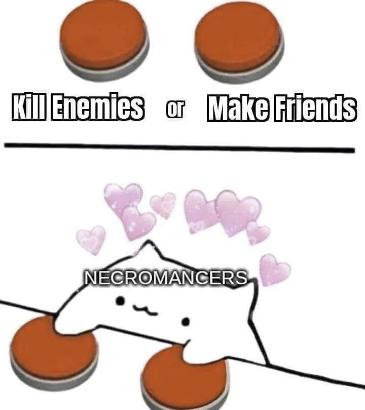 The image shows a cartoon cat with hearts floating above its head, pressing two buttons labeled 'Kill Enemies' and 'Make…
