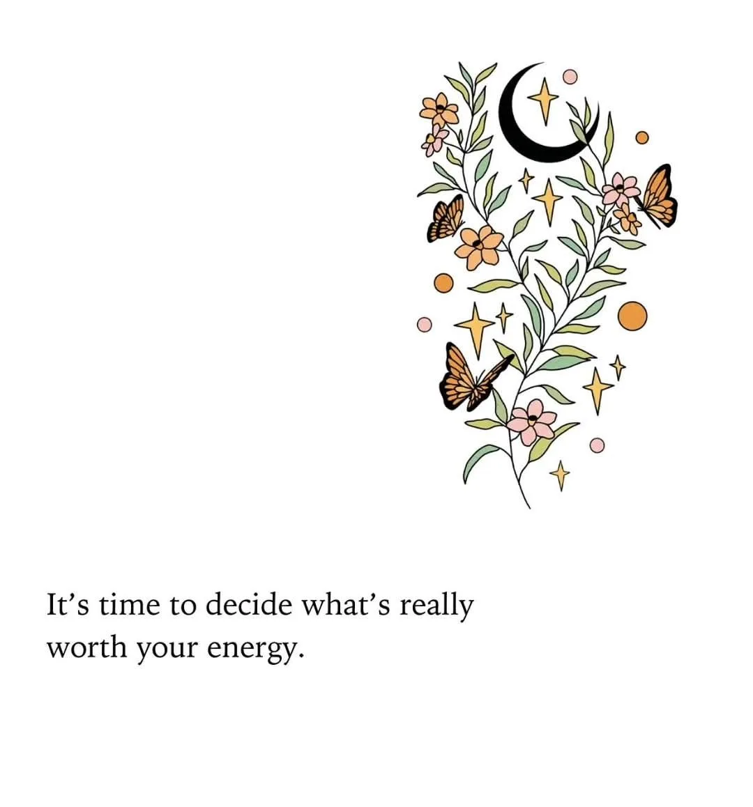 A minimalist illustration features a stylized plant with green leaves, orange and pink flowers, and three orange…