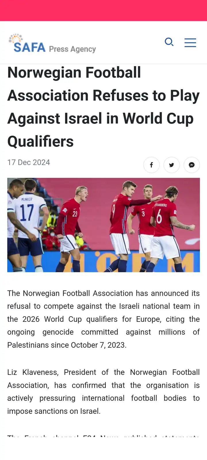 A screenshot of a fake news article from 'SAFA Press Agency' dated Dec 17, 2024, with a headline about the Norwegian…