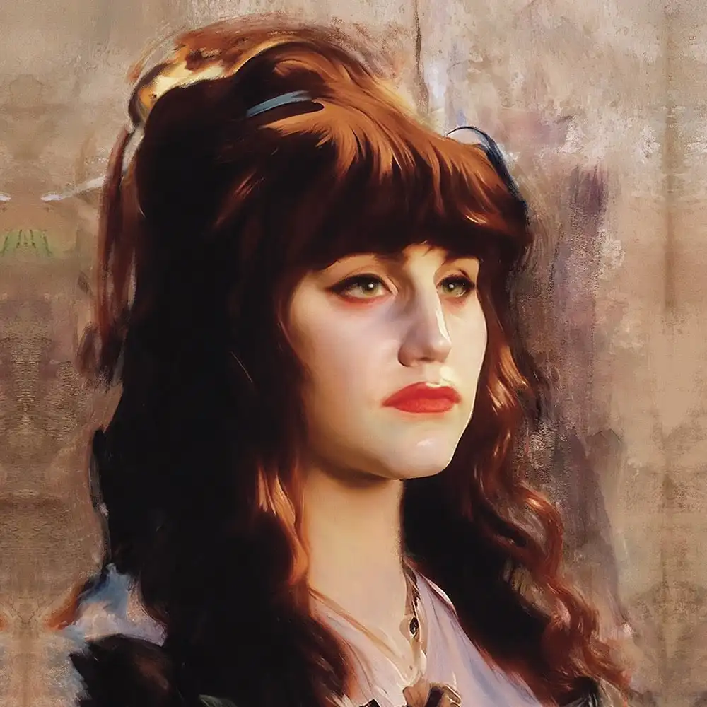 A painted portrait of a woman with reddish-brown hair and red lipstick, looking off to the side with a pensive expression…