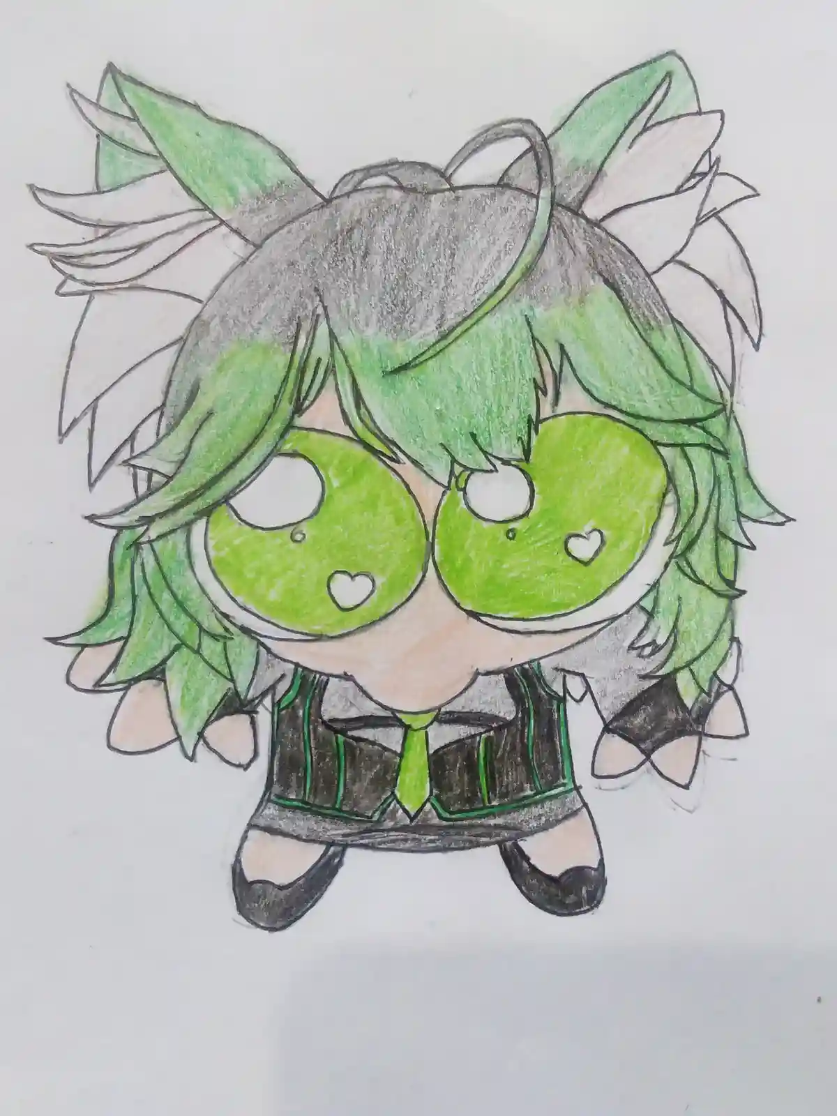A hand-drawn chibi-style anime character with green hair and large green eyes, each eye containing a small white heart. The…