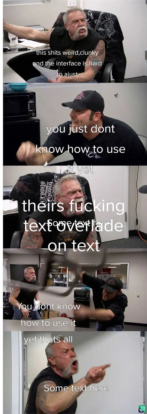 A five-panel meme featuring two men in an office setting. The first man, with a white beard and tattoos, expresses…