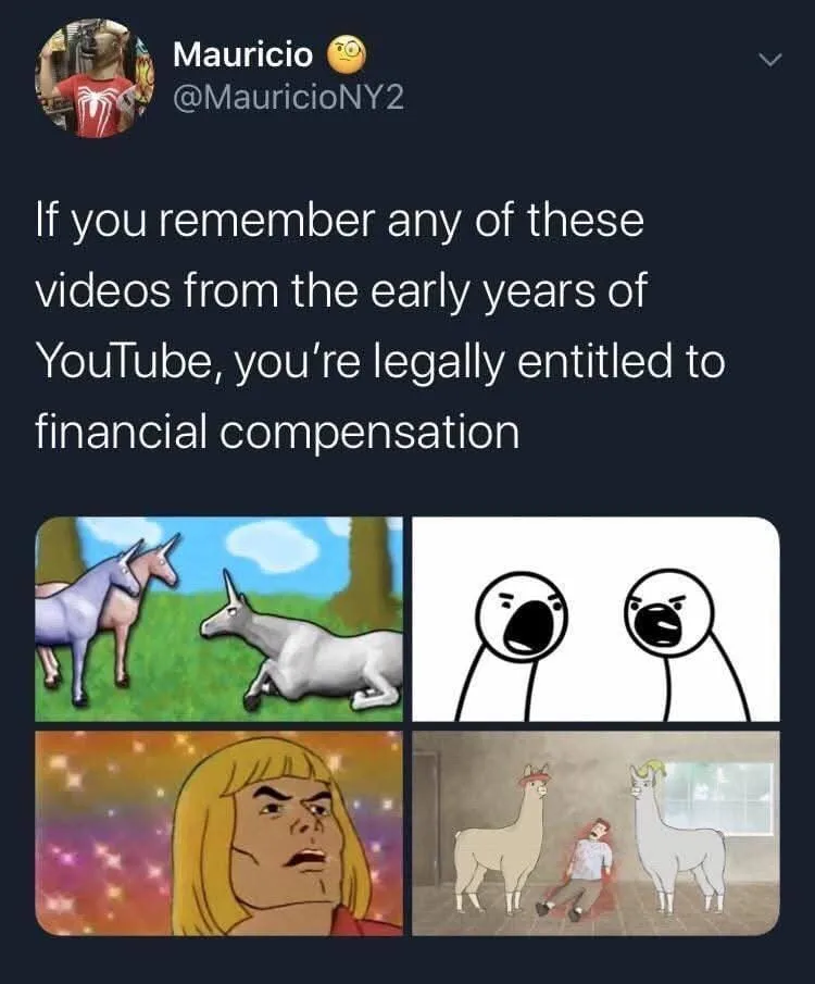A Twitter post by Mauricio showing four panels: two unicorns facing off, two stick figures screaming, He-Man looking…