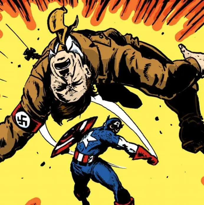 A comic book illustration shows Captain America in his classic blue, white, and red costume, holding his shield, striking a…