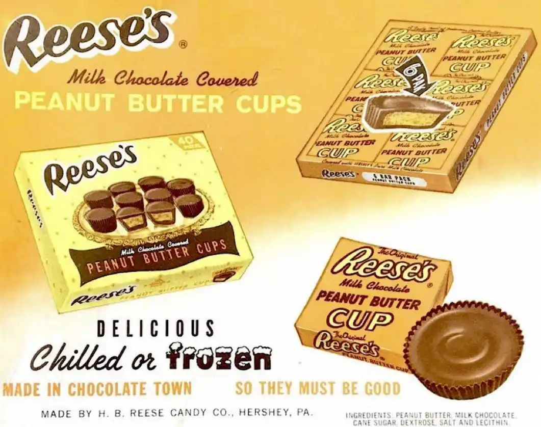 An old-fashioned Reese's peanut butter cup advertisement featuring three different box designs and a single unwrapped cup…