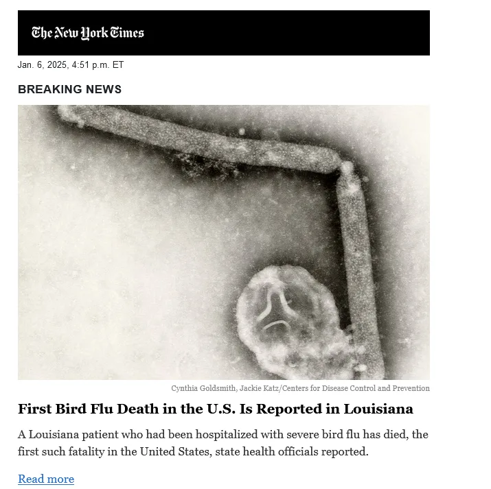 A New York Times breaking news screenshot from Jan 6, 2025, shows a microscopic image of a bird flu virus particle. The…