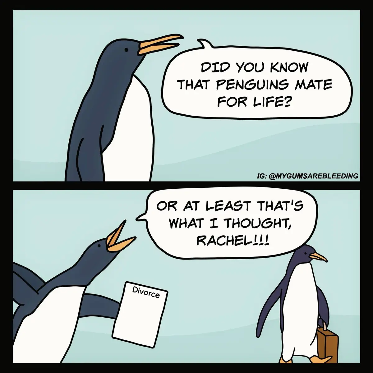 A two-panel cartoon shows a penguin asking another if they knew penguins mate for life. In the second panel, the first…